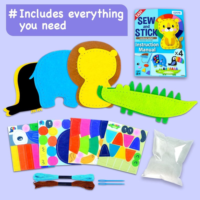 EZCRA Safari Animals Sewing Kit for Kids Ages 4-8, No-Mess Felt Craft Projects, 4 Easy Beginner Learn-to-Sew Toys for Boys and Girls - Image 3